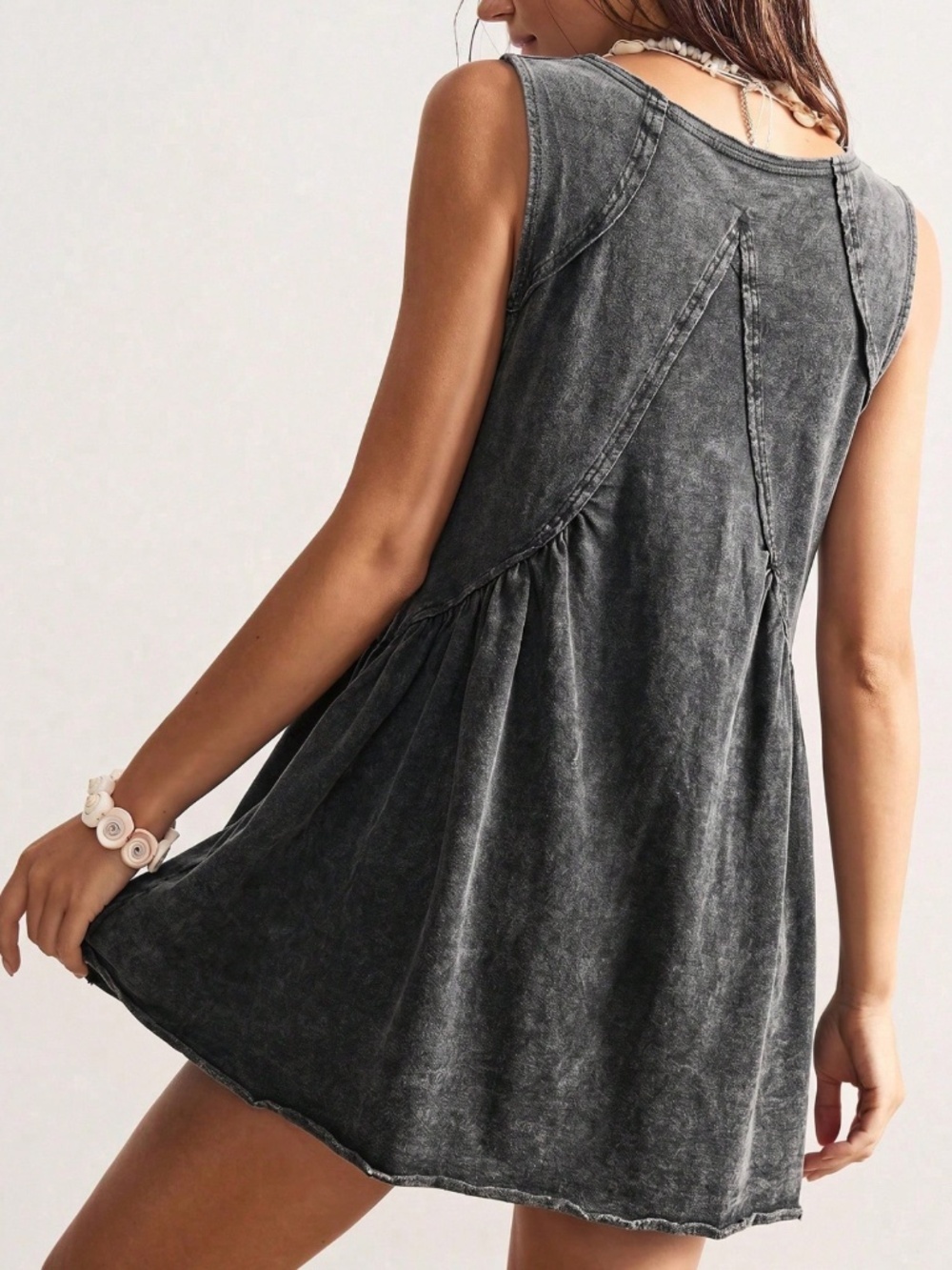 100% Cotton Grey Bohemian Stud Detail V-Neck Mini Pleated Flared Dress - Picture 3 of 8